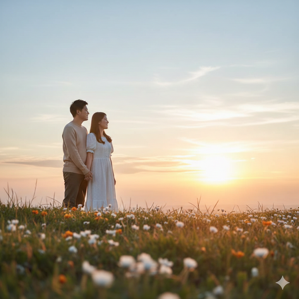 一张温馨且充满希望的封面图片。画面中心是一对夫妇温柔地注视着远方的日出，象征着家庭的未来与希望。背景是柔和的蓝天和温暖的金色阳光，采用浅景深摄影风格。色调以暖橘色和淡蓝色为主，构图平衡，留有文字排版空间，展现出专业且感性的医疗服务氛围。
