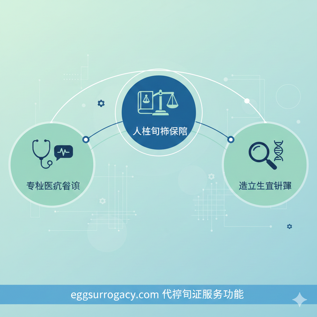 展示代孕中介服务功能的精美插画。画面中包含专业医疗咨询、法律合同保障、志愿者筛选等元素。风格采用现代扁平化矢量设计，色彩使用清新的薄荷绿与稳重的深蓝色。构图上将不同的功能模块通过流畅的线条连接，体现服务的系统性与严谨性，细节丰富且具有科技感。