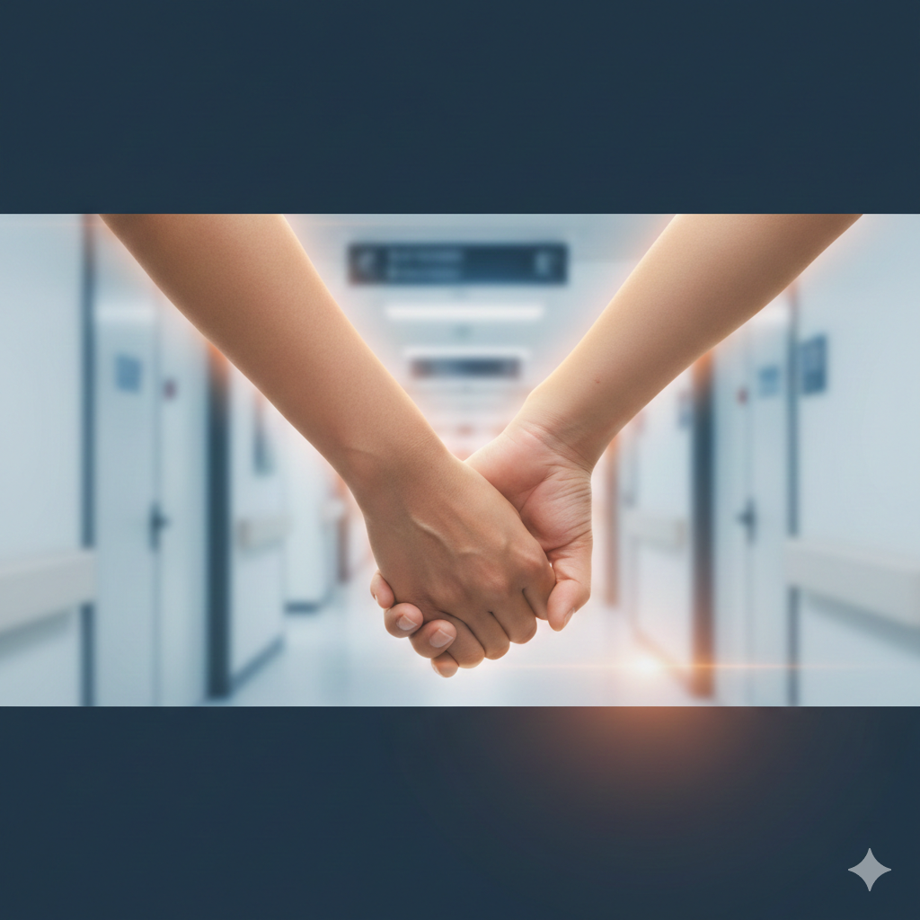 文章总结的收尾图片。画面展示两只大手紧紧握在一起，背景是模糊的现代化医院走廊，表达合作、承诺与圆满。整体色调偏向沉稳的藏青色，边缘带有光晕处理，营造出权威且令人安心的收尾氛围。构图居中，象征着双方共同努力最终达成家庭梦想的圆满结局。