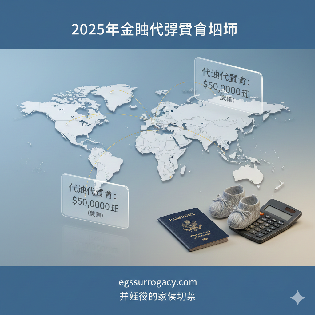 A high-quality, professional conceptual image featuring a stylized 3D world map. Highlighted regions include the USA, Georgia, and Ukraine, connected by golden logistical lines. Superimposed are floating holographic price tags representing 'Surrogacy Cost' in USD. The background is a soft, reassuring medical blue and warm beige gradient. In the foreground, a pair of knitted baby shoes sits next to a passport and a calculator, symbolizing the intersection of family planning, international travel, and financial budgeting. The lighting is soft and cinematic, conveying trust and transparency.