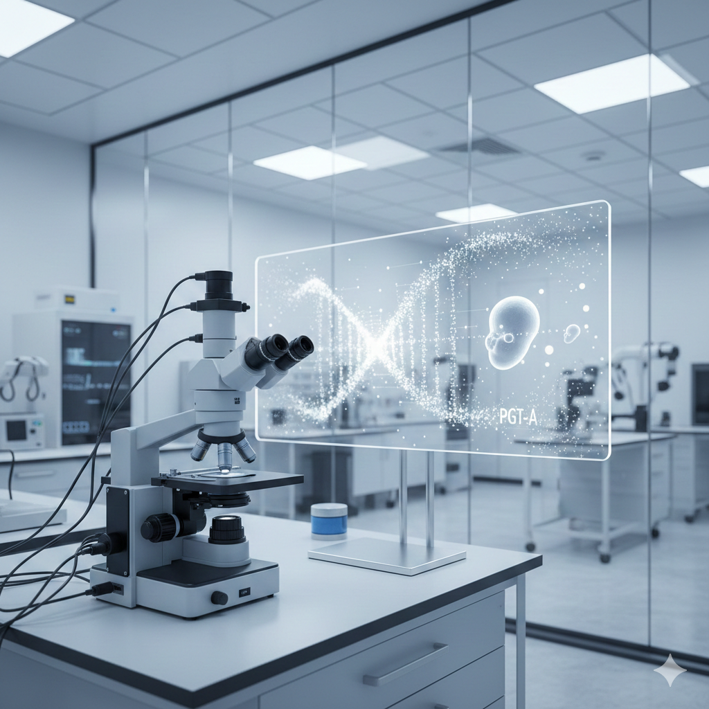 展示顶尖医疗技术的现代实验室场景。画面中心是一台高精度的显微镜和显示屏，屏幕上以艺术化的方式呈现清晰的囊胚结构或DNA螺旋（代表PGT-A筛查技术）。整体色调为专业的医疗蓝与纯净白，光影通透洁净，强调科学严谨性、安全性以及美国第三代试管婴儿技术的全球领先地位，增强用户对医疗环节的信心。