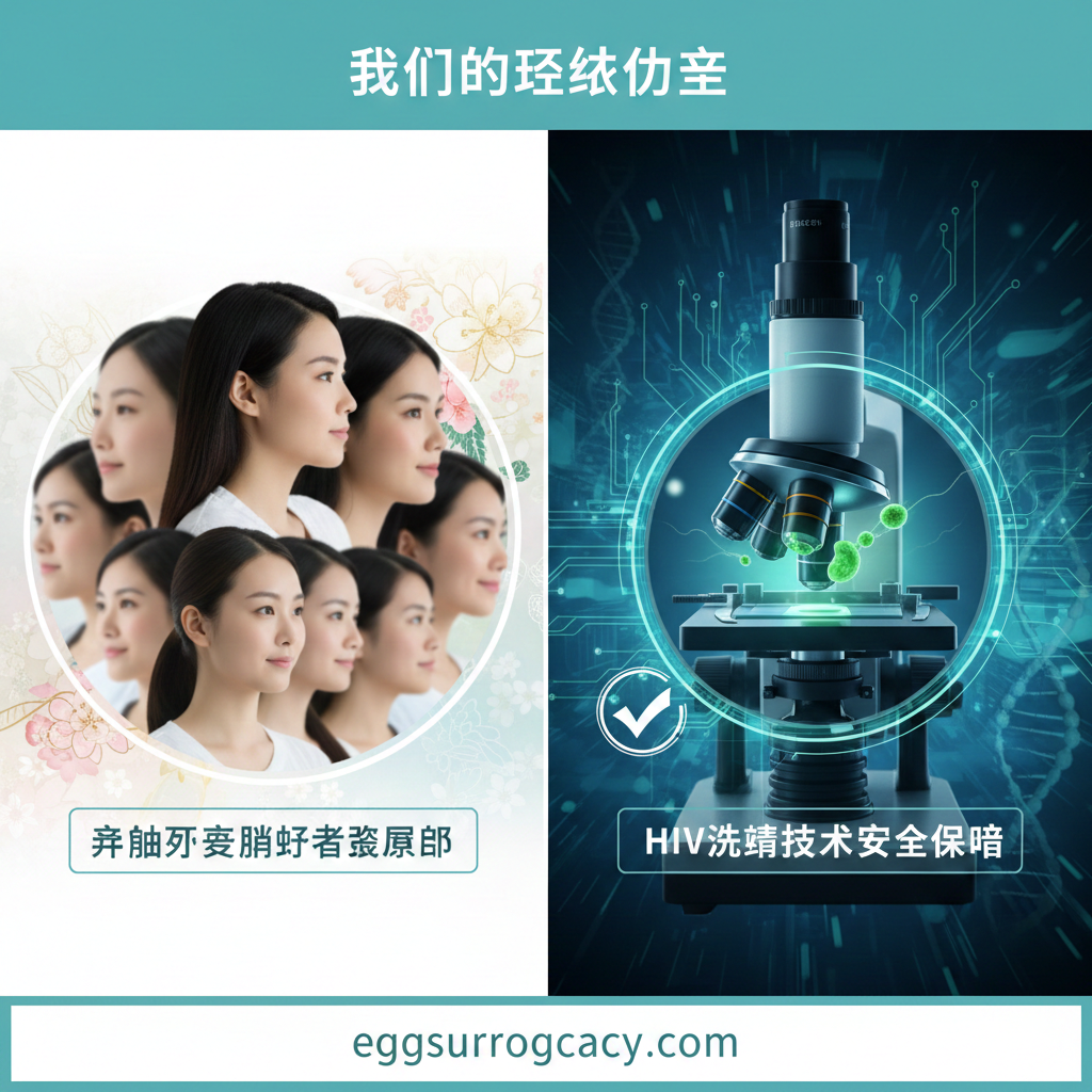 一张强调核心优势的拼贴风格图片。左侧展示模糊处理但显得青春靓丽的亚裔及混血女性侧影，代表丰富的'亚裔捐卵者资源库'；右侧展示显微镜下的精子洗涤技术（Sperm Washing）概念图，配以绿色安全对钩符号，象征HIV洗精服务的安全性。图片结合了生物科技感与人文关怀，突出EggSurrogacy在基因筛选和医疗安全方面的独特优势。
