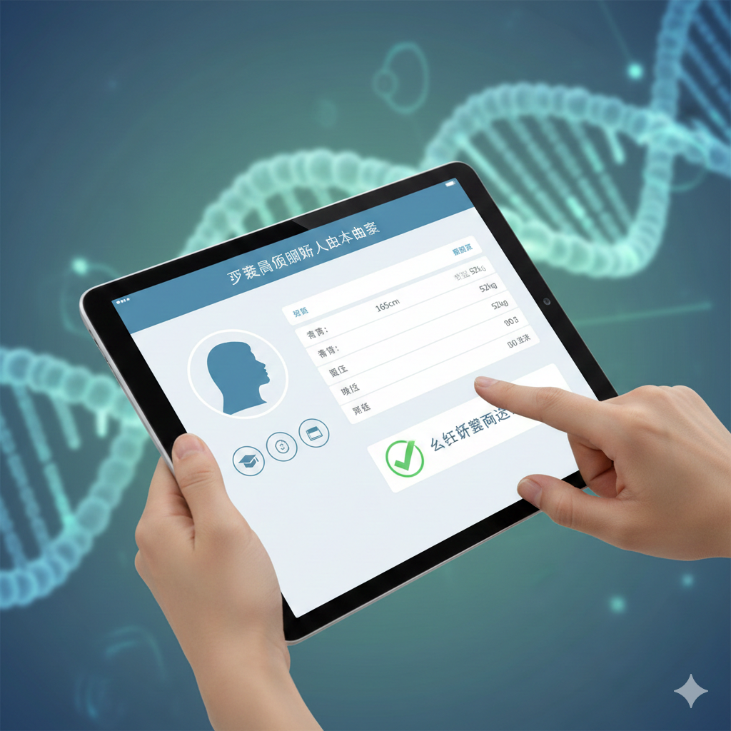 展示EggSurrogacy核心优势的特写图。画面主体是一只手持高端平板电脑的手，屏幕上显示着清晰、现代化的'亚裔优质捐卵人数据库'界面，界面元素包含东亚面孔的女性侧影、详细的学历图标（如学士帽）、身高体重数据栏以及基因筛选通过的绿色对勾标记。背景是模糊的DNA双螺旋结构图，象征着科学匹配与优生优育，体现平台资源的丰富性与专业度。