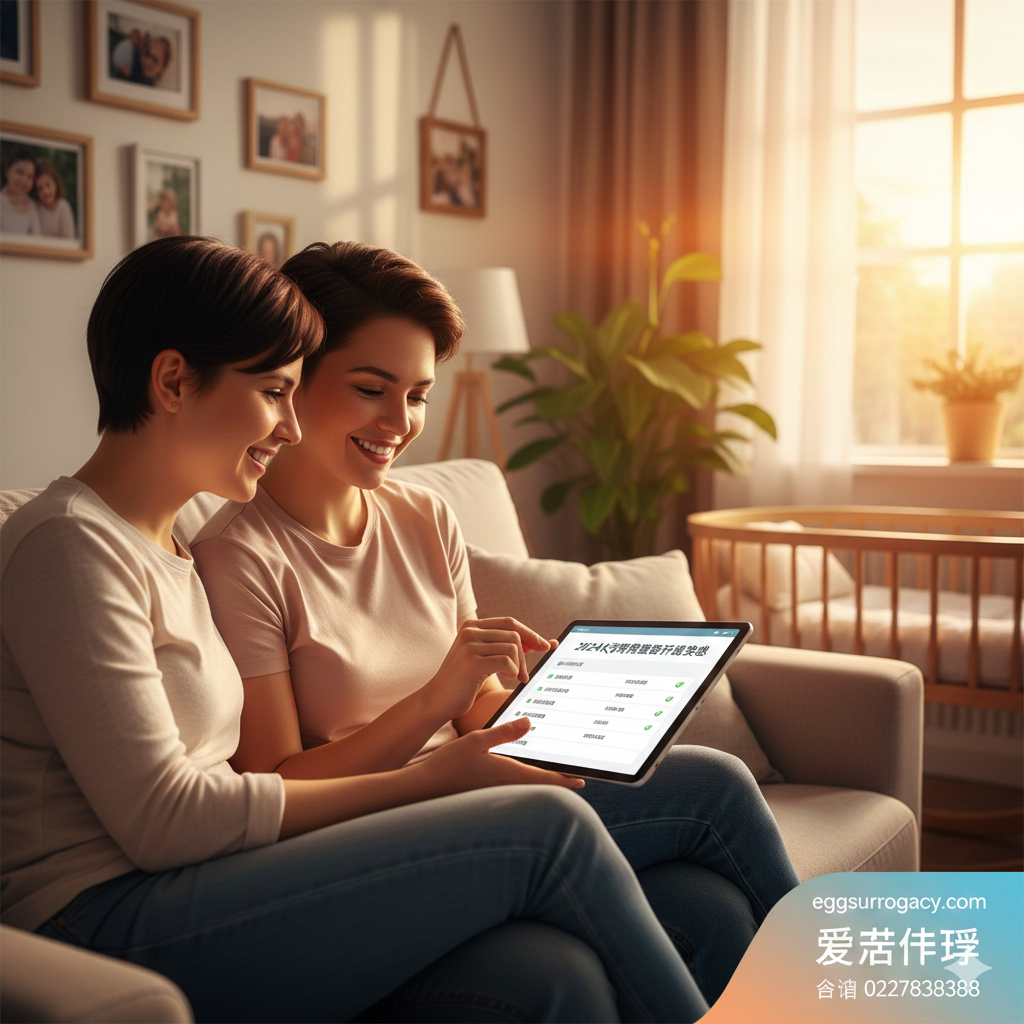 一张充满希望的总结性生活场景图。画面展示一对准父母（可以是同性伴侣，呼应文中对LGBT友好的描述）正坐在明亮的客厅里，面带微笑地看着手中的平板电脑，屏幕上显示着一份清晰的'2024报价清单'或'预算规划成功'的界面。背景是温暖的夕阳余晖，寓意着通过合理的财务规划即将迎来圆满的家庭生活。图片右下角可隐约透出eggsurrogacy.com的品牌色调，引导用户进行下一步咨询。