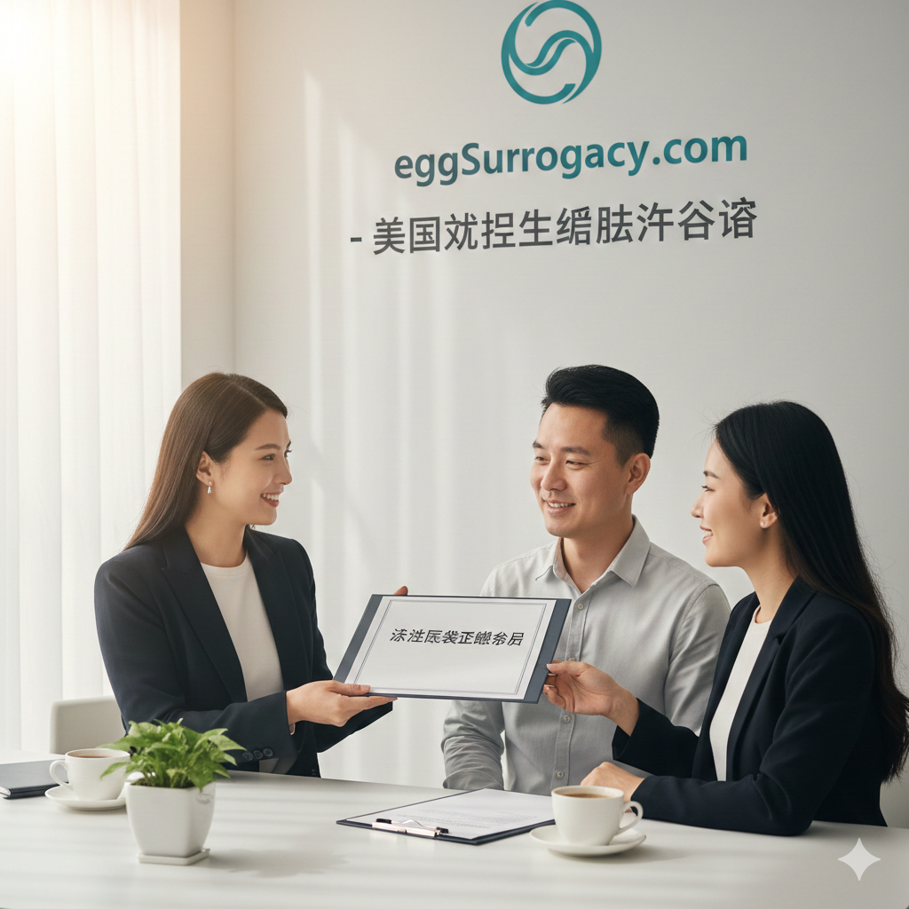 一张表现信任与达成共识的总结性图片。在一个采光良好的现代化办公室中，一位穿着专业西装的法律顾问（代表EggSurrogacy）正微笑着将一份封面上写着'Legal Risk Assessment'（法律风险评估）的文件递给对面的准父母。桌面上摆放着绿植和两杯咖啡，氛围轻松愉悦。画面传达出经过专业咨询后，客户对法律合规性彻底放心，准备开启代孕旅程的信心。