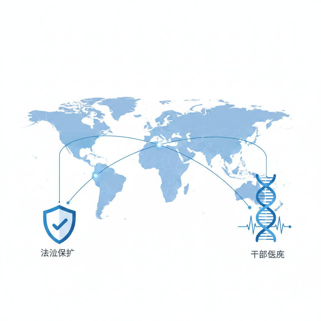 一张极具现代感的商业风格插图，展示EggSurrogacy的全球服务网络。画面中心是风格化的世界地图，重点高亮美国（USA）和哥伦比亚（Colombia）两个区域，并用线条连接至中国或亚洲区域。地图旁配有代表'法律保护'的盾牌图标和代表'顶级医疗'的DNA双螺旋符号。整体色调采用值得信赖的医疗蓝与纯净白，视觉化呈现文章中关于第一梯队与第二梯队国家的对比。