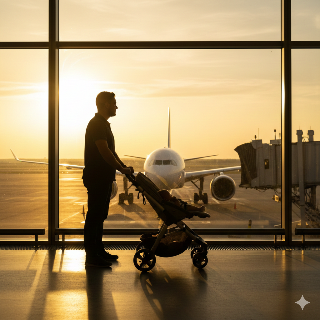 一张充满希望与成就感的结尾图片。画面展示一对推着婴儿车的男性伴侣背影或侧影，行走在机场航站楼的落地窗前，窗外是一架正准备起飞的飞机和金色的夕阳。寓意着'抱娃回国'和'新生活的开始'。光线采用逆光或侧逆光，营造出史诗般但又平静幸福的氛围，呼应文章结语中关于实现家庭梦想的感召，鼓励用户采取行动。