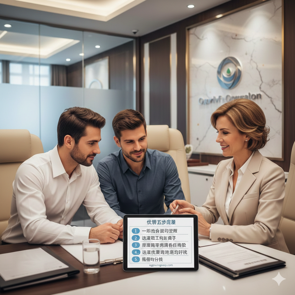 一张展示代孕咨询流程的场景图。在一个宽敞明亮、装修现代的高端生殖诊所办公室内，一位专业的女性顾问正在使用平板电脑向一对男性伴侣展示'代孕五步流程图'。平板屏幕上隐约可见'IVF'、'Matching'等流程节点。构图专业且具有亲和力，展示了从签约咨询到选卵制胚的专业服务过程，帮助用户直观理解复杂的代孕步骤。