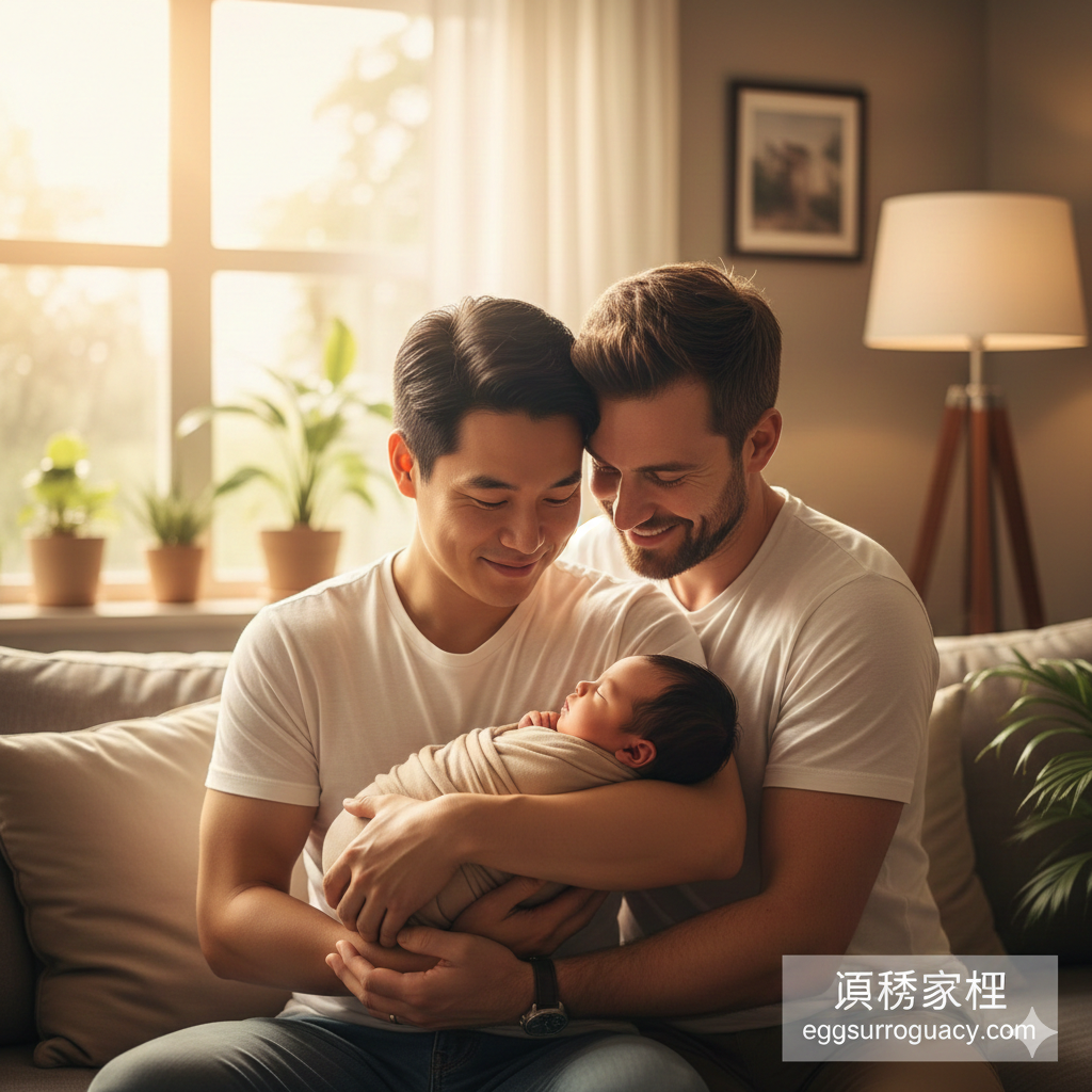 一张充满温情的高清摄影图，展示一对幸福的同性伴侣（其中一位为亚裔面孔）在阳光柔和的室内温馨地抱着刚出生的婴儿。两人的眼神中充满了父爱与感动，背景是模糊的舒适家居环境，营造出安全、圆梦和家庭温暖的氛围。图片色调偏暖，光影柔和，旨在通过情感共鸣吸引渴望拥有孩子的Gay群体，完美契合'爱不分性别'的主题。