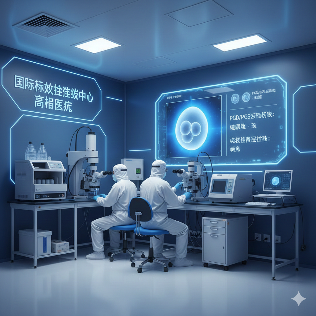 展示国际合法辅助生殖中心高端医疗优势的图片。画面聚焦于一个现代化、宽敞明亮且无菌的千级/万级层流实验室，身穿全套防护服的专业胚胎学家正在操作高精密的显微注射仪。背景是科技感的蓝色调，屏幕上显示着健康的囊胚图像和PGD/PGS基因筛查数据。
