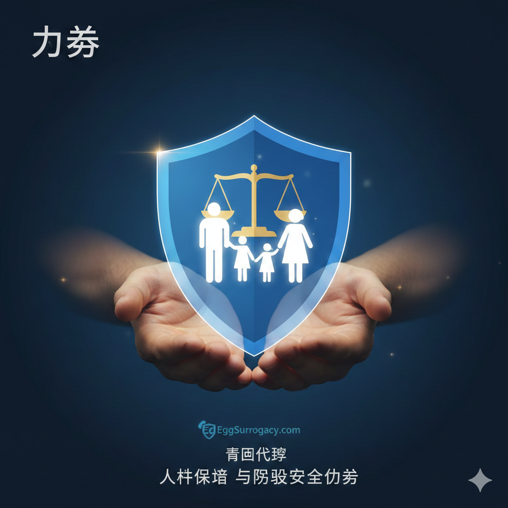 以此表达法律保障与隐私安全为主题的抽象概念图。画面展示一双厚实温暖的手小心翼翼地捧着一个发光的家庭剪影（父母与孩子），外层笼罩着一个半透明的盾牌图标，盾牌上印有天平符号，象征法律保护。背景采用深蓝色调，突出稳重与机密感，暗示EggSurrogacy.com为青岛客户提供的严格隐私保护和资金信托监管优势。