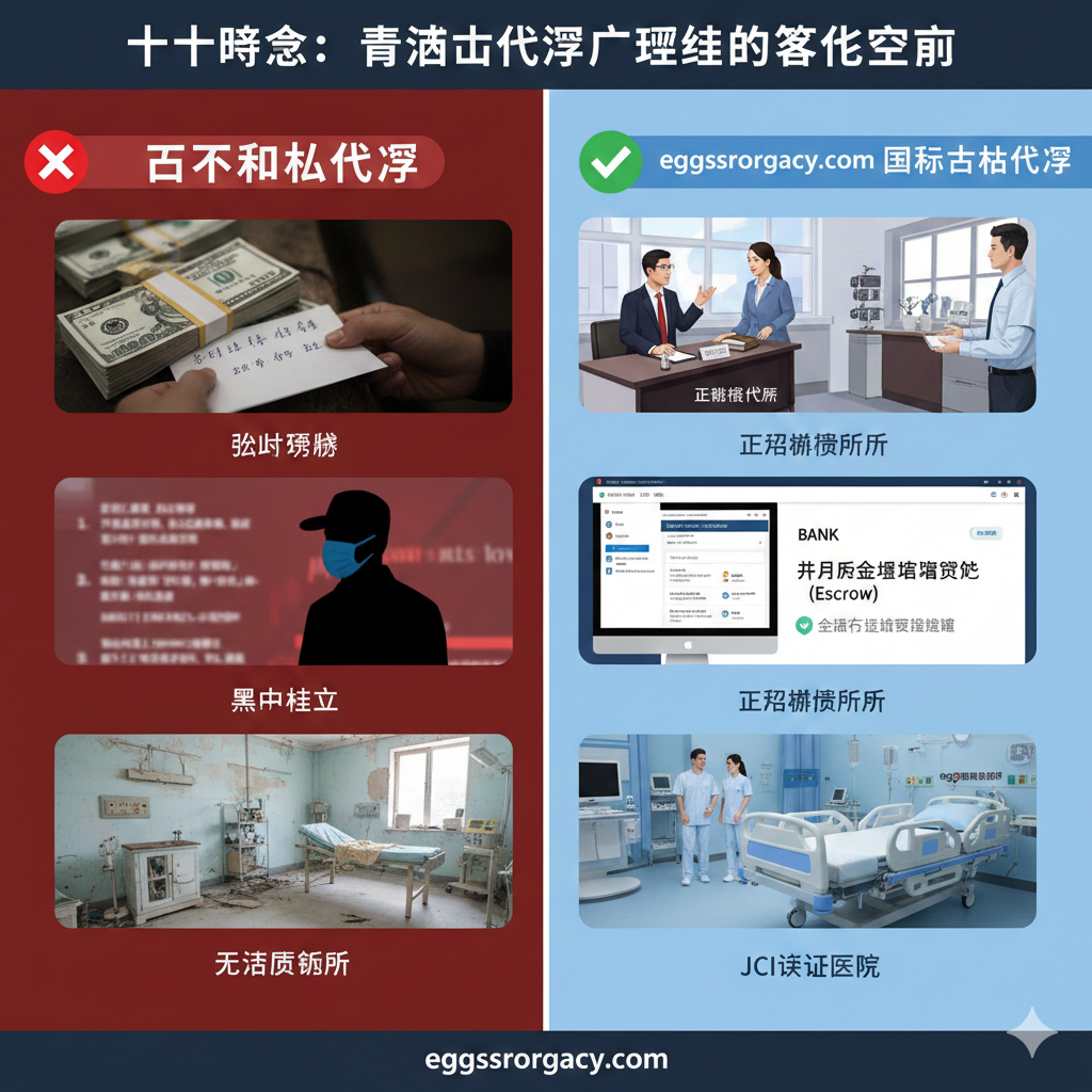 一张清晰的对比指南图，用于'避坑指南'部分。左侧展示地下非法的特征：混乱的私下转账、无资质的个人中介、昏暗的环境，打上红色的叉号；右侧展示eggsurrogacy.com倡导的国际合法流程：正规律师事务所、第三方资金托管账户（Escrow）、JCI认证的明亮医院环境，打上绿色的勾号。