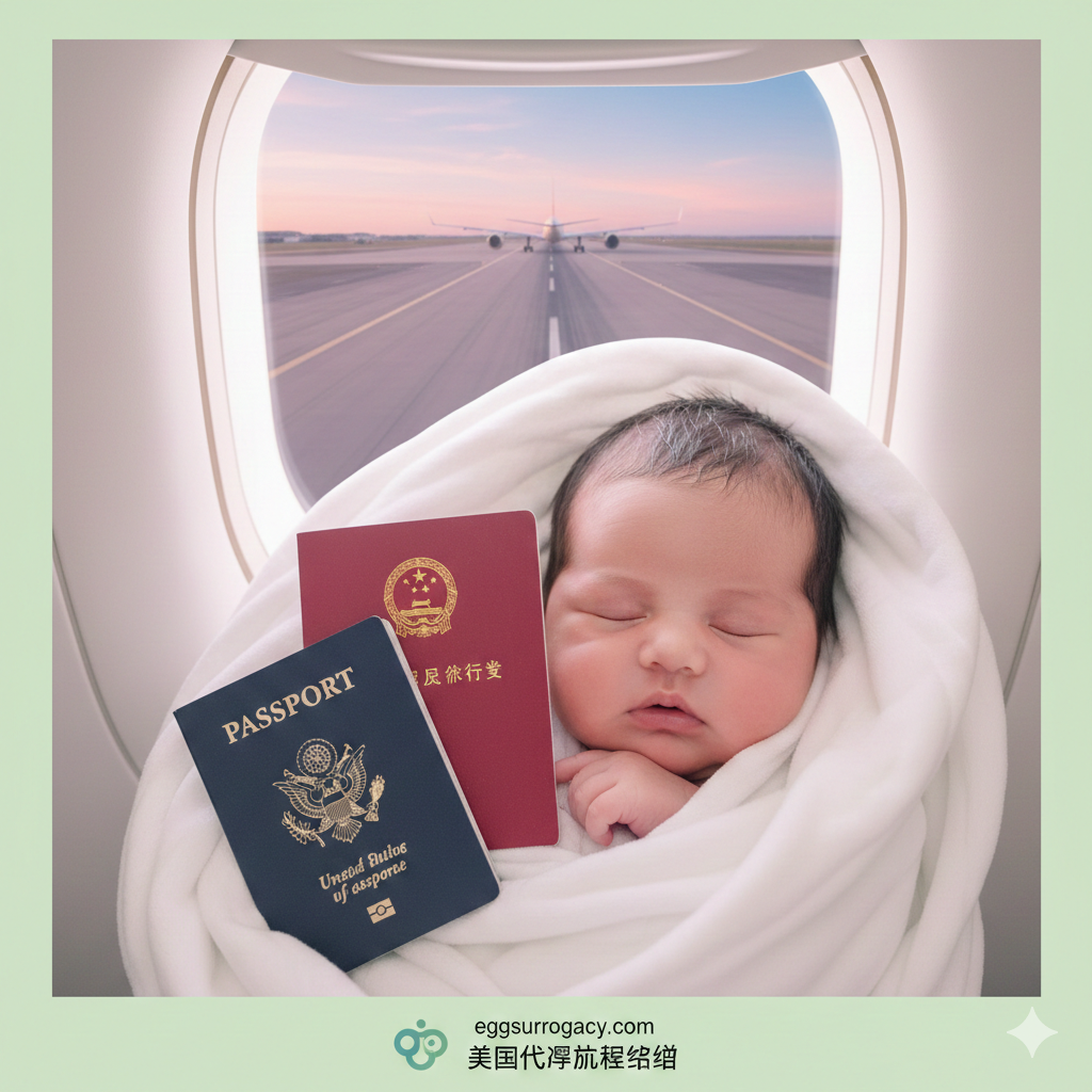 一张充满情感张力的总结图，展示旅程的终点。画面中心是一个在舒适襁褓中熟睡的新生儿特写，宝宝身边自然地摆放着一本深蓝色的美国护照和一本中国旅行证（或象征性的证件封皮）。背景透过窗户可以看到机场跑道或蓝天白云，寓意'抱娃回国'。光线柔和梦幻，色调为婴儿粉或嫩绿，强调新生命的降临以及双重国籍身份的落实，为文章画上完美的句号。