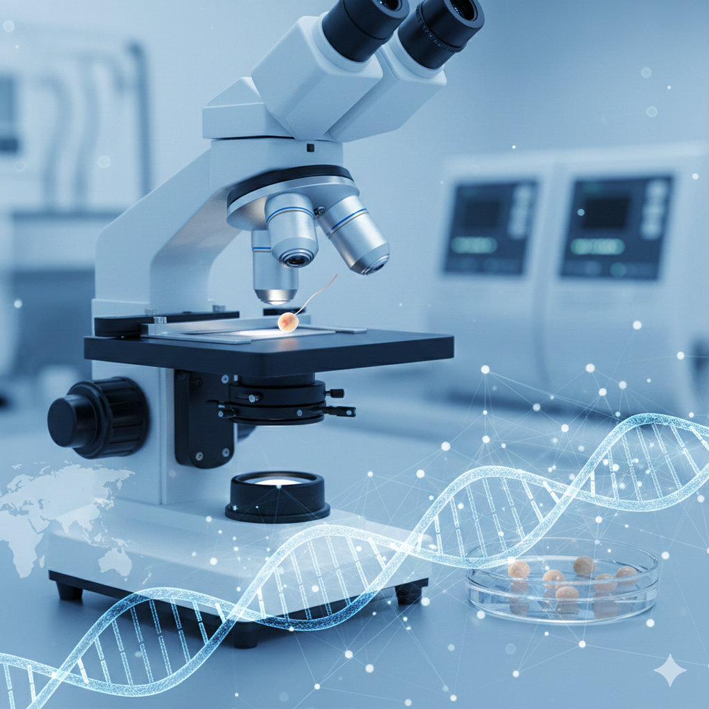 展示顶尖辅助生殖医疗技术的特写镜头。画面聚焦于显微镜下的高精度ICSI（单精子注射）操作或胚胎培养皿，背景是模糊的无菌实验室环境，透出科技感的蓝白色调。画面中融入数字化的DNA螺旋或全球数据库网络图示，象征着庞大的精英捐卵者数据库与高成功率的医疗技术，强调科学、严谨与医疗的安全性。
