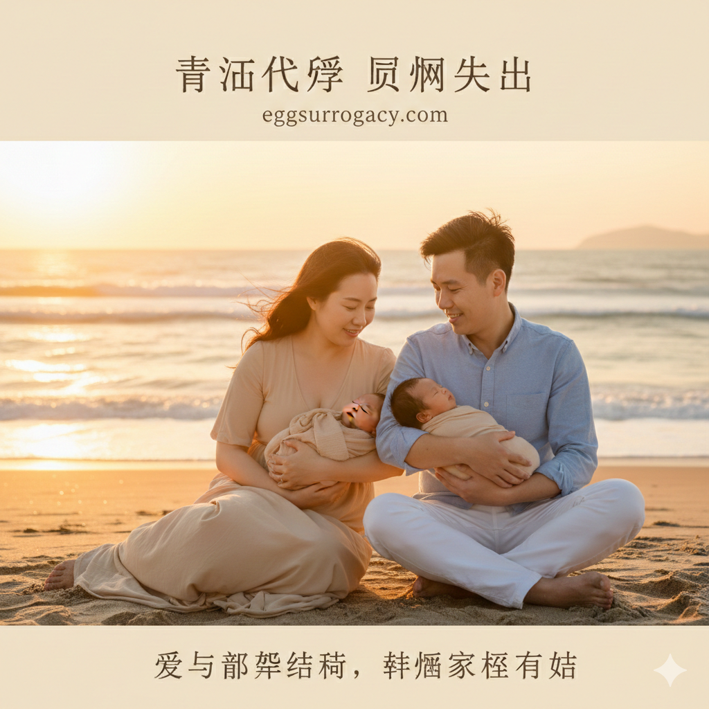 一张充满情感共鸣的圆梦结局图。画面展示一对亚裔夫妇在温馨的居家环境或海边（呼应青岛沿海城市特色）幸福地怀抱新生儿。阳光柔和地洒在一家三口身上，父母脸上洋溢着如释重负和喜悦的笑容。画面色彩采用暖黄色和柔和的米色，传递出家庭圆满、幸福落地的最终愿景，激发用户的行动渴望。