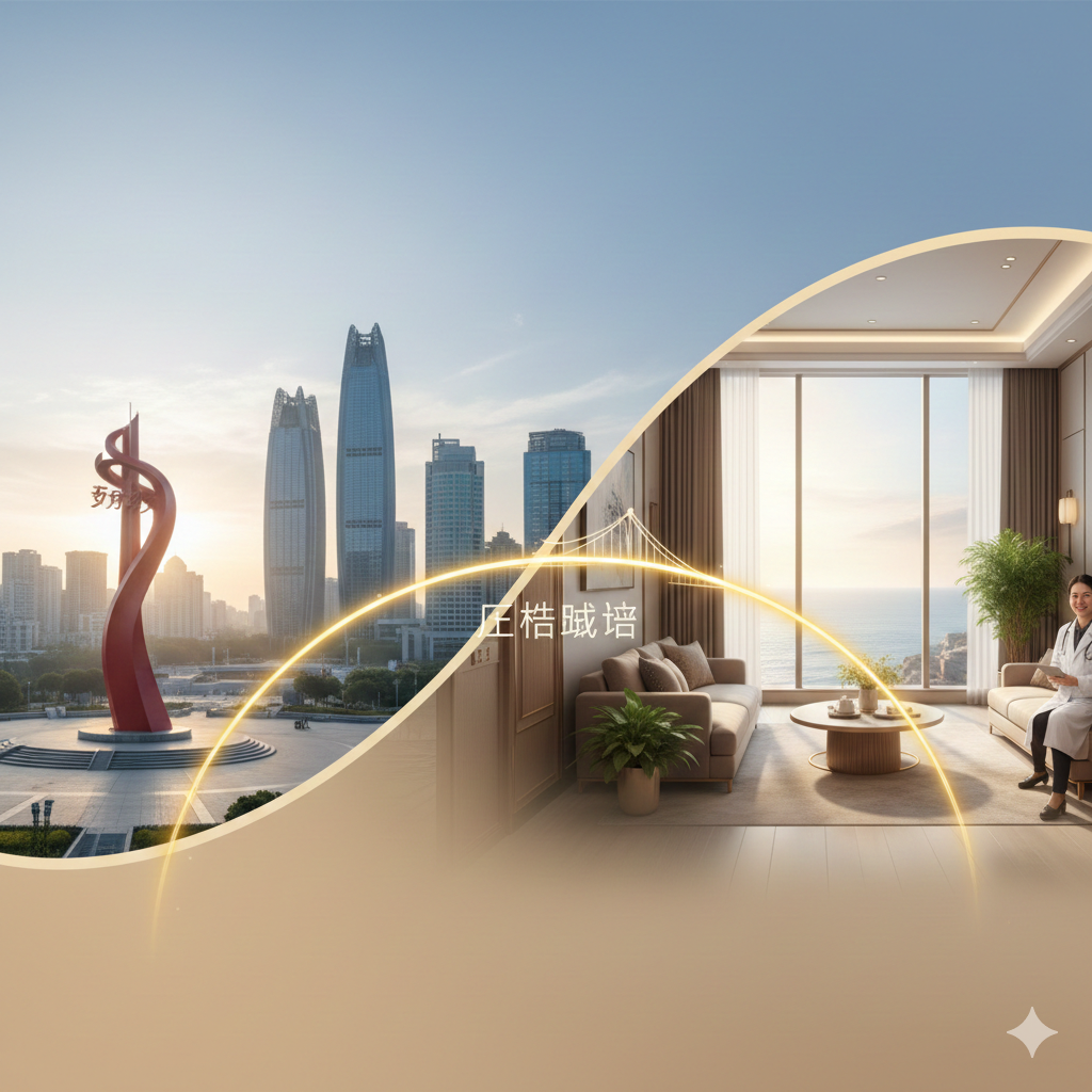 一张极具视觉冲击力的封面图，画面左侧展示青岛标志性的五四广场'五月的风'红色雕塑与现代城市天际线，右侧平滑过渡到一家拥有落地窗的现代化高端海外生殖中心内景。晨光熹微，寓意着希望与新生。画面中央有一条发光的金色弧线，象征着连接青岛与海外优质医疗资源的'合法桥梁'，色调温暖且充满信任感，符合EggSurrogacy.com专业且高端的品牌形象。