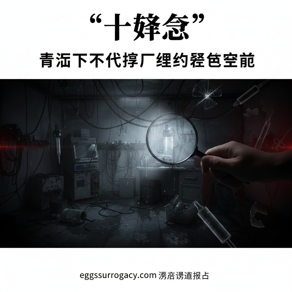 一张极具视觉冲击力的封面图，采用新闻调查报道的风格。画面左侧是阴暗、模糊的地下实验室场景，隐喻青岛地下代孕的灰色空间和恶劣环境；画面右侧是一只拿着放大镜的手或明亮的光束，象征'下午察'栏目的深度曝光与揭秘。色调采用黑灰与警示性的暗红色对比，营造出一种揭开真相、警钟长鸣的紧张氛围，背景中隐约可见破碎的医疗器械剪影，突出地下产业链的危险性。