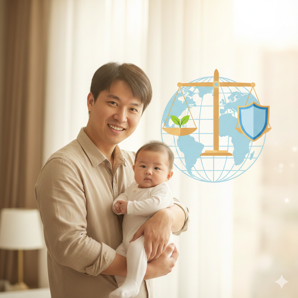 一张温馨且充满希望的总结性图片。画面前景是一对幸福的夫妇抱着一个健康的婴儿，背景是象征法律保障的天平或护盾，以及象征国际化的地球元素。光线柔和温暖，寓意通过合法的国际辅助生殖途径，家庭可以安全地迎接新生命。