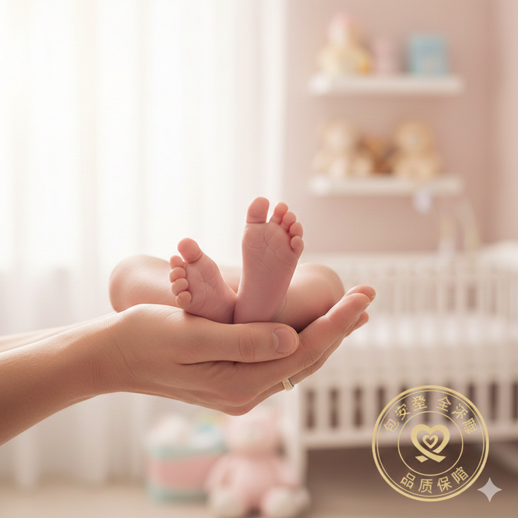 一张充满幸福感的总结图。画面近景是一双成年人的手小心翼翼地托起婴儿娇嫩的小脚丫，背景是淡雅的居家环境，光线柔和。画面右侧留白处呈现出一个代表‘包成功’或‘全透明’的品质印章图标。整体视觉中心聚焦在生命的延续上，情感表达浓郁，旨在给阅读完长文的准父母提供信心与温暖的结尾，色调偏向柔和的肉粉色与纯净白。