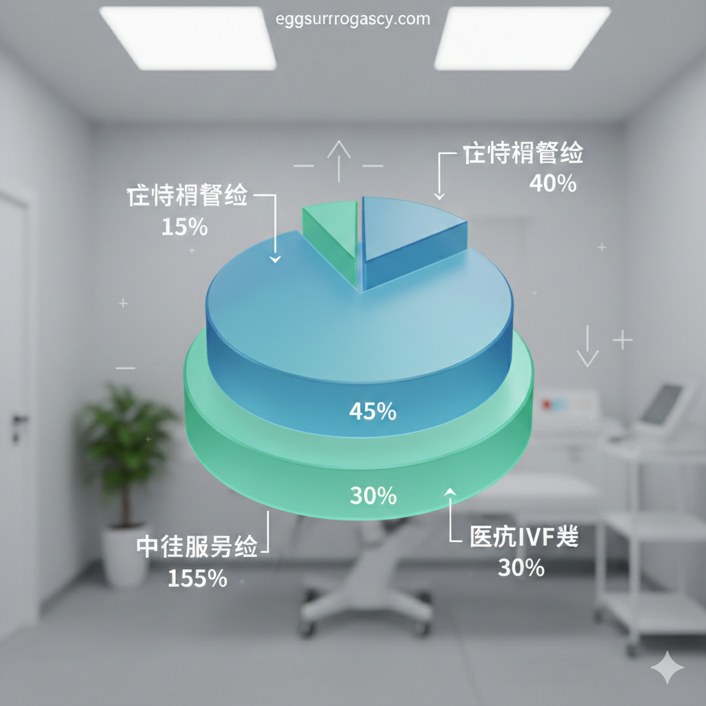 一张清晰直观的代孕费用构成功能图。背景为简洁的现代化诊所环境，前景是一个悬浮的三维饼图或分层图标，清晰标注出医疗IVF费、代母补偿金、法律服务费和中介管理费的比例。图标采用科技蓝与清爽绿的配色，并带有微光质感。画面侧边附带细微的加减符号元素，体现‘透明账单’与‘变量控制’的核心功能，视觉风格专业且严谨。