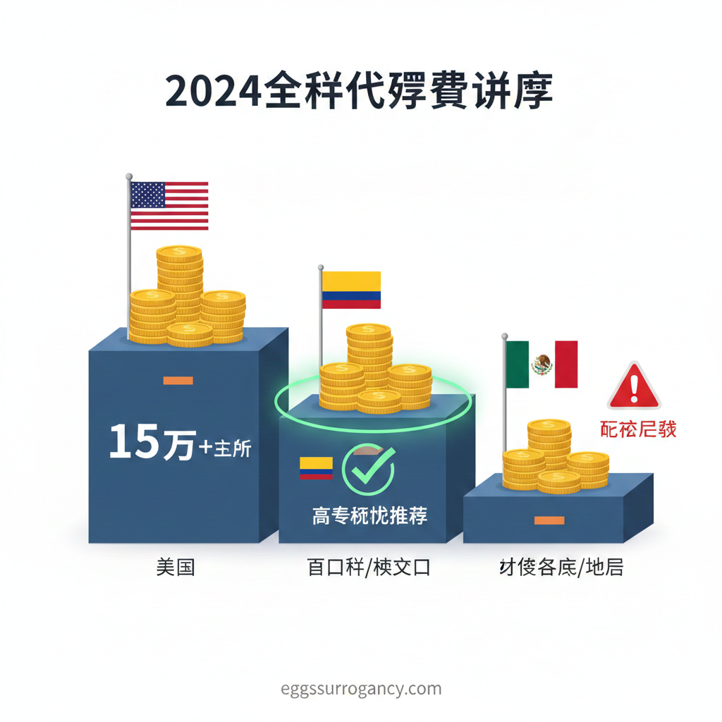 一张清晰的现代风格信息图表，展示文中提到的'2024全球代孕价格天梯图'。画面中央有三个高低不同的阶梯或领奖台：最高的阶梯插着美国国旗，堆叠着最高的金币堆（代表$150k+）；中间的阶梯（高亮显示为推荐）插着哥伦比亚和墨西哥国旗，金币堆适中且带有绿色的超值对勾图标；最低的阶梯虽然金币少，但旁边带有红色的'政策风险'警示牌。背景为纯净的白色，配以商务蓝和橙色点缀，直观对比各国性价比。
