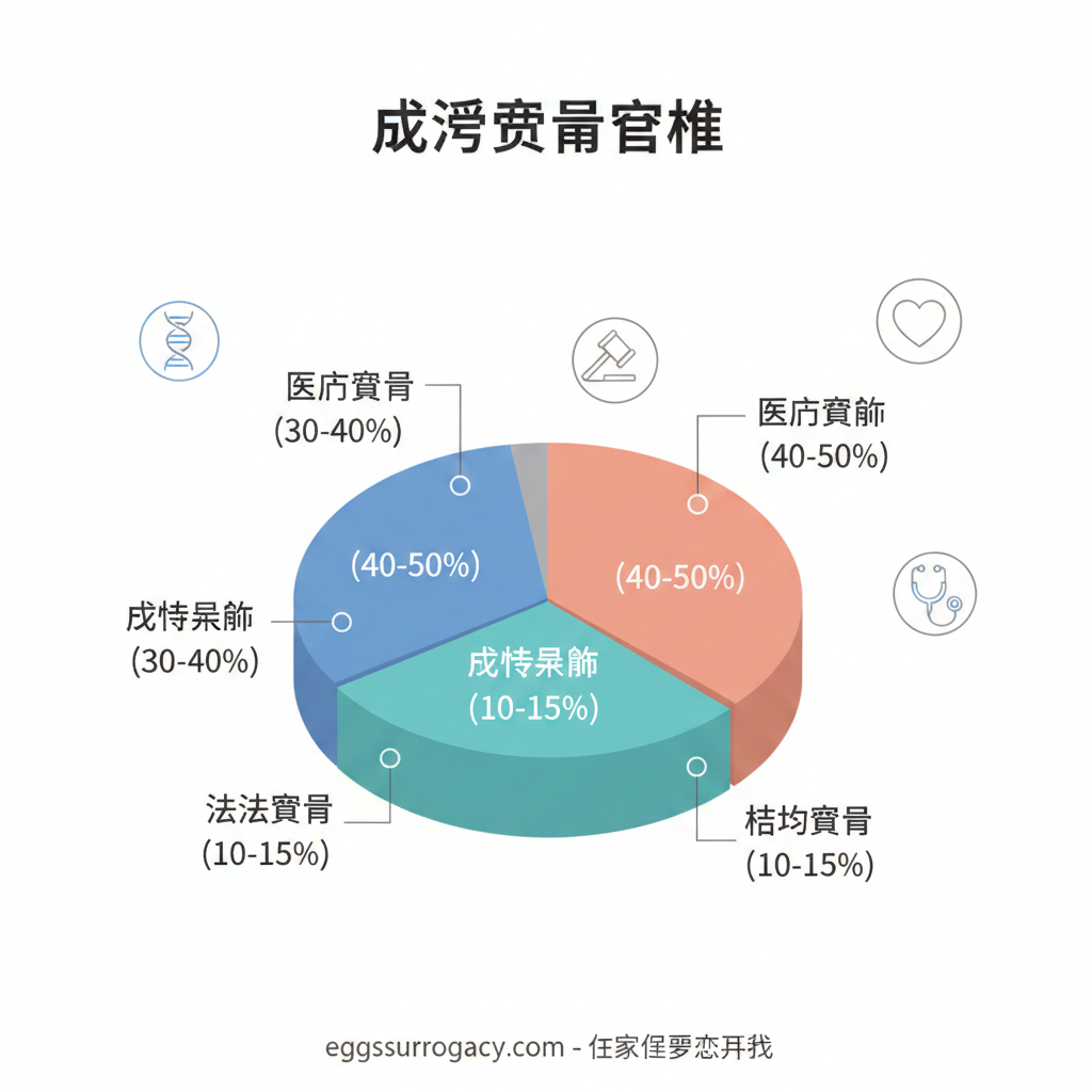 A clean, modern infographic style illustration showing a 3D pie chart divided into four distinct colored sections representing the surrogacy cost breakdown: Medical Fees (Blue), Surrogate Compensation (Warm Pink), Legal Fees (Grey), and Agency Fees (Teal). Each section is labeled with its percentage range. Surrounding the chart are minimalist icons representing a DNA helix, a gavel (law), a heart (compensation), and a stethoscope. The design should be flat, easy to read, and suitable for a financial advice context within the medical fertility industry.