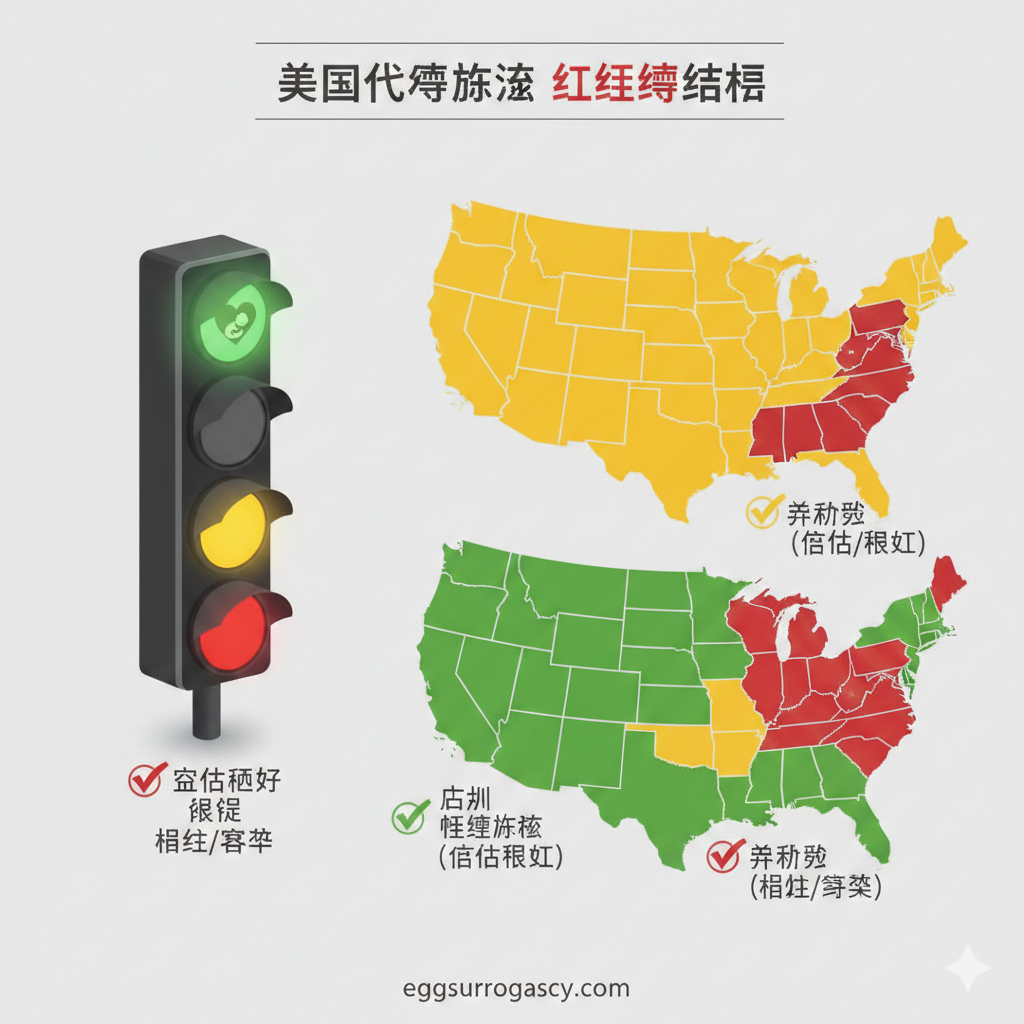 一张直观的信息图表风格图片，用于解释'红绿灯'法律地图。画面左侧是一个立体的红绿灯装置，明亮的绿灯正在闪烁，绿灯内部巧妙地融合了一个心形或婴儿图标。画面右侧列出加州（California）和内华达州（Nevada）的地图轮廓，并配有'Surrogacy Friendly'的绿色对勾标记。设计风格现代简洁，采用扁平化与微立体结合的方式，帮助用户一眼看懂各州法律差异。