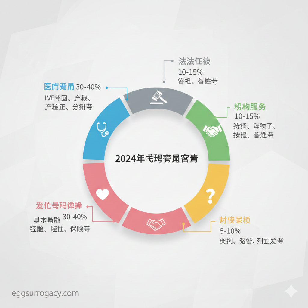 一张详细的3D立体饼图或环形图，用于拆解'钱都花哪了'。图表被分为五个清晰的板块：医疗费用（蓝色，配听诊器图标）、爱心妈妈补偿（粉色，配爱心图标）、法律行政（灰色，配法槌图标）、机构服务（绿色，配握手图标）。每个板块旁边引出详细的注释线，列出百分比数据。整体设计风格为扁平化商务风，字体清晰锐利，帮助用户一眼看懂复杂的代孕费用构成。