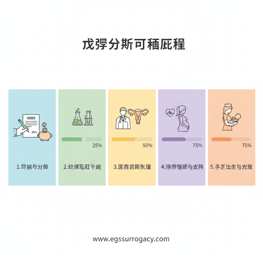 一张展示代孕分期付款流程的步骤教程图。画面采用横向线性构图，从左至右排列着代表不同阶段的图标：签约文件、实验室胚胎培养、医生进行移植、孕期监测、最后是孩子出生。每个节点下方配有硬币落入存钱罐或进度条增长的视觉暗示。色调清新，使用马卡龙色系区分不同阶段，引导读者理解分期付款的财务逻辑，减少资金压力焦虑。