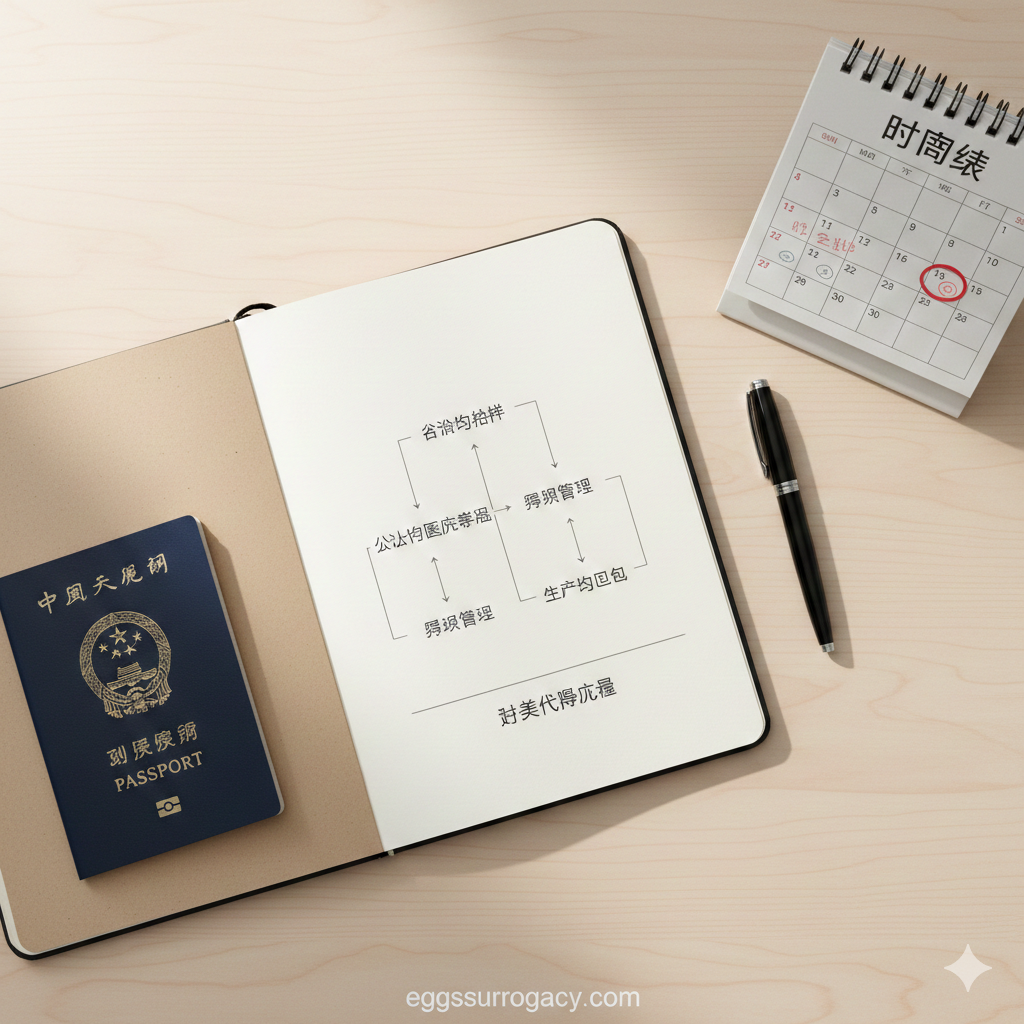 一张极简风格的桌面俯拍图（Flat lay），用于表现代孕流程的规划与秩序。桌面上整齐摆放着印有四个阶段流程图的笔记本、一支精致的钢笔、一本护照和一个标有'Timeline'的日历。视觉风格井井有条，光线明亮自然，寓意将复杂的12-18个月流程拆解得清晰可见，帮助用户从心理上掌控整个赴美代孕的节奏。