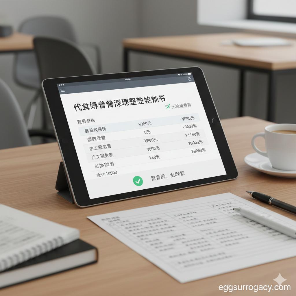 A close-up, photorealistic shot of a modern workspace. On a wooden desk, there is a tablet displaying a 'Transparent Surrogacy Budget Calculator' interface with checkmarks next to 'No Hidden Fees'. Beside the tablet is a printed checklist, a pen, and a cup of coffee, creating a relaxed planning atmosphere. The focus is on the screen content which shows a clear summary of expenses. The image conveys organization, clarity, and the peace of mind that comes with proper financial planning.