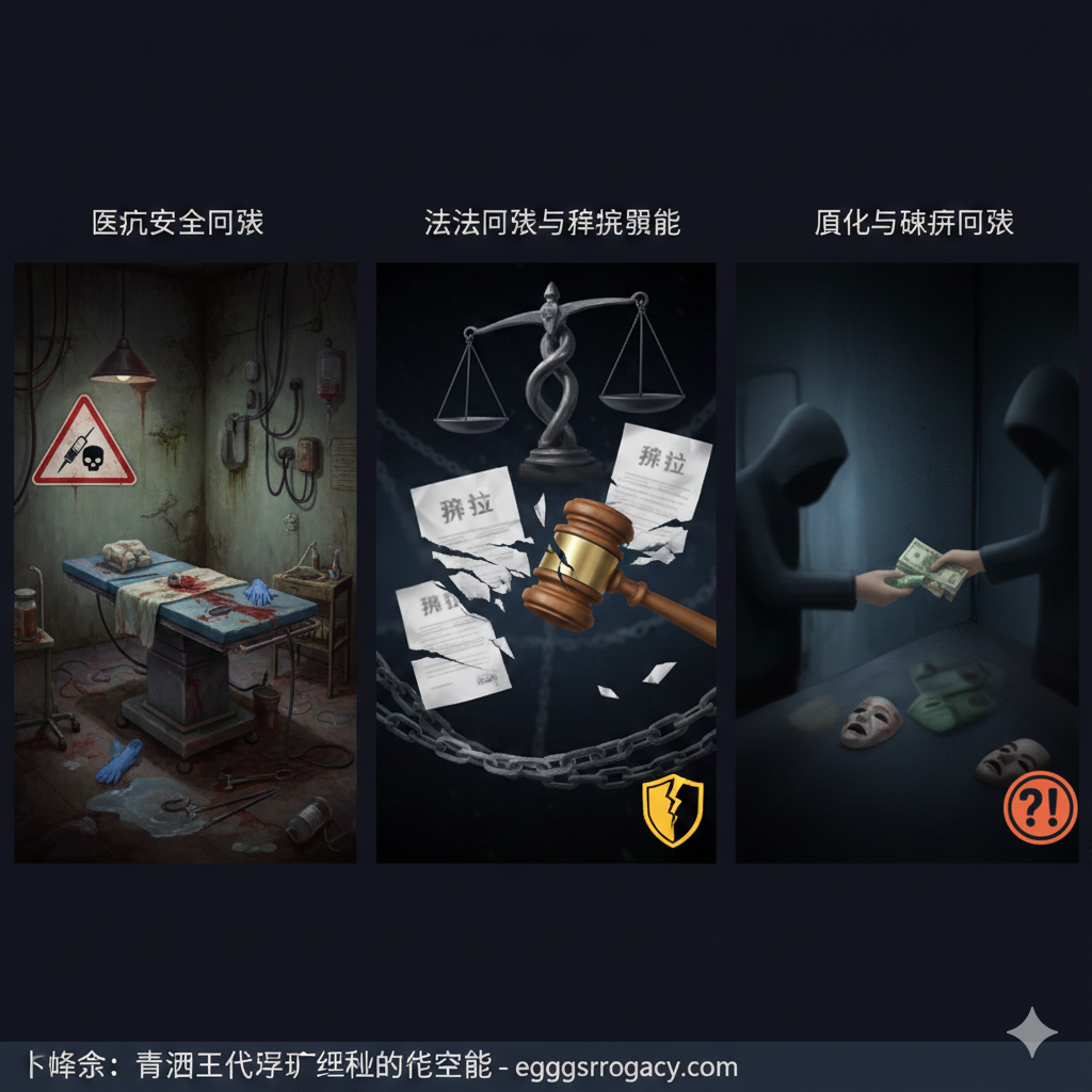 一张展示地下代孕核心风险的概念插图。画面被分为三个部分，分别对应文章提到的三大风险：第一部分是简陋脏乱的手术台，代表'医疗安全风险'；第二部分是断裂的法槌和撕碎的合同，代表'法律风险与亲权纠纷'；第三部分是隐蔽的现金交易与模糊的人影，代表'伦理与欺诈风险'。整体设计使用警示图标和深色背景，强调非法操作带来的致命后果，视觉上引导用户认识到地下作坊的危害。