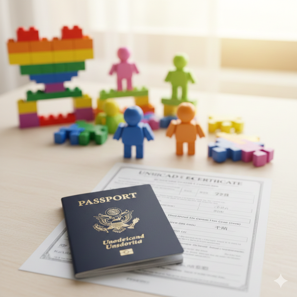 展示赴美代孕核心优势的静物摄影。画面中心是一本深蓝色的美国护照（United States Passport）和一张出生证明，出生证明的'父母'一栏特写模糊处理但暗示包容性（如两个父亲的名字）。背景中隐约可见彩虹旗元素或象征多元家庭的积木公仔，光线明亮温暖，象征着美国法律赋予宝宝的公民权以及对LGBTQ+群体和单身人士的平等保护。