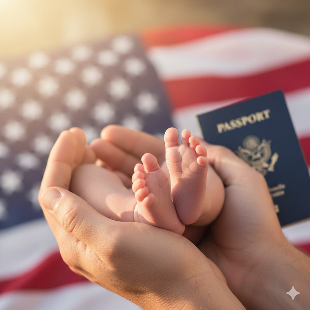 一张充满温情与希望的高级摄影图。画面特写展示新生儿稚嫩的小脚丫被父母温暖的大手轻轻托起，背景采用大光圈虚化处理，隐约可见美国国旗的红蓝配色元素或美国护照的一角，暗示赴美代孕的主题。光线为清晨的暖金色阳光，营造出温馨、安全和充满新生命活力的氛围，传递出家庭圆梦的幸福感，适合作为eggsurrogacy.com全指南的封面。