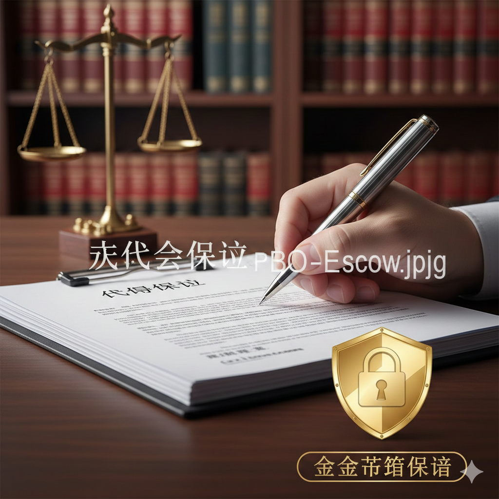 聚焦于法律保障与资金安全的商业风格摄影图。画面特写是一支高档钢笔正在签署一份厚实的英文法律文件（暗示GSA代孕合同或PBO亲权令），文件旁放着一枚象征'Escrow信托账户'的金色盾牌徽章或锁形图标。背景是模糊的美国法律天平或律师事务所的红木书架，光线庄重明亮，传达出美国代孕流程中法律体系的严谨性、资金的安全性以及对准父母权益的绝对保护。
