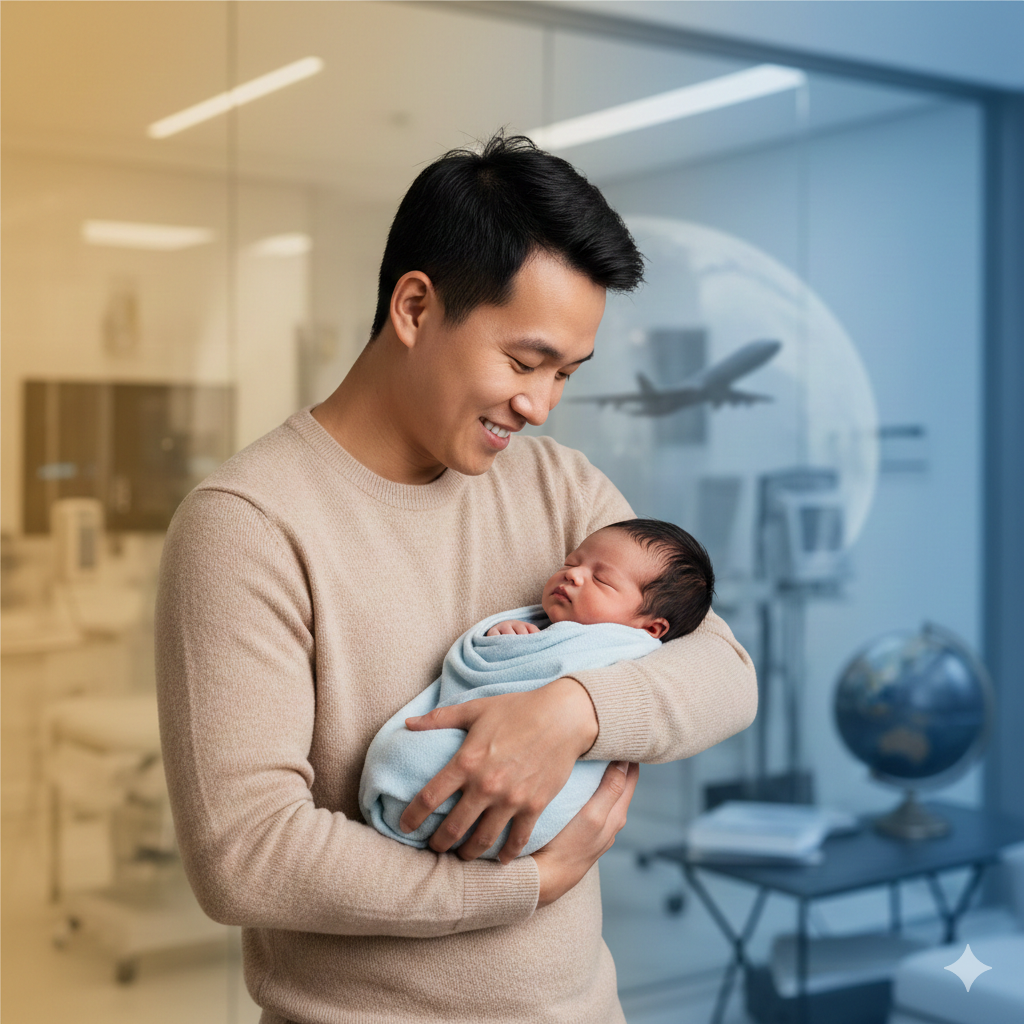 一张温馨且具有高端感的封面图，画面中央是一位亚裔准父母（或单身男性）怀抱新生的混血宝宝，面带幸福微笑。背景虚化处理，隐约可见现代化的美国IVF诊所环境或温馨的居家客厅。画面色调采用暖金色与医疗蓝的渐变，融合了'中美跨国'的元素，如背景中模糊的飞机起飞剪影或地球仪，象征着从美国圆梦到抱娃回国的完整旅程，视觉上传递出专业、安心与圆梦的希望。